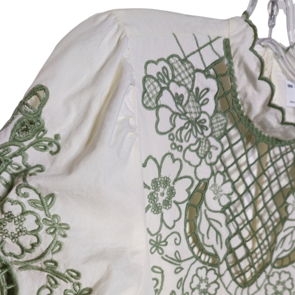 ASOS Cream Cotton Scalloped Collar Blouse Green Lattice Floral Embroidery size 8 - Picture 6 of 10